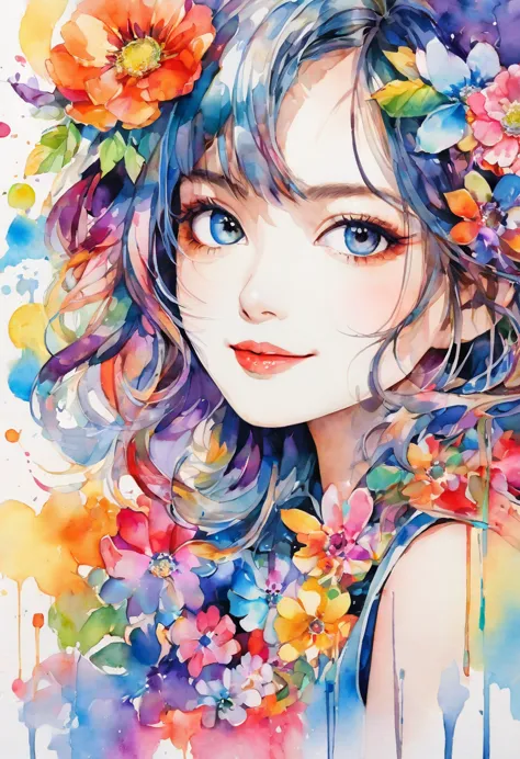 beautiful woman portrait, cute smile, sylvia pelissero watercolors, colorful flowers, beautiful eyes,  upper body, abstract art,...