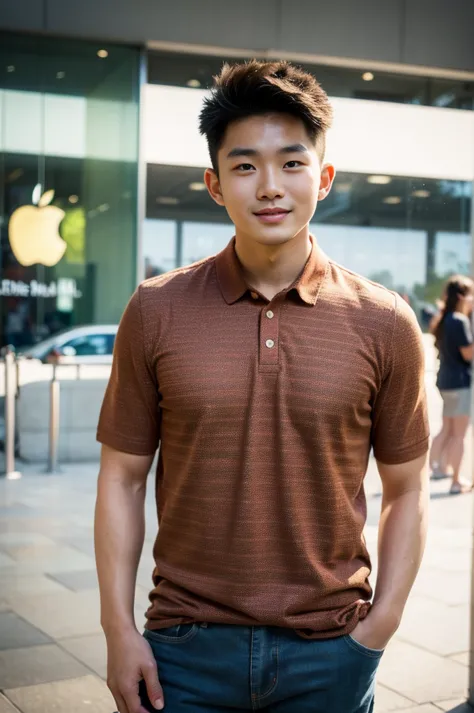 ((realistic daylight)) , young korean man in dark polo shirt only, no stripes, jeans., a handsome, muscular young asian man look...