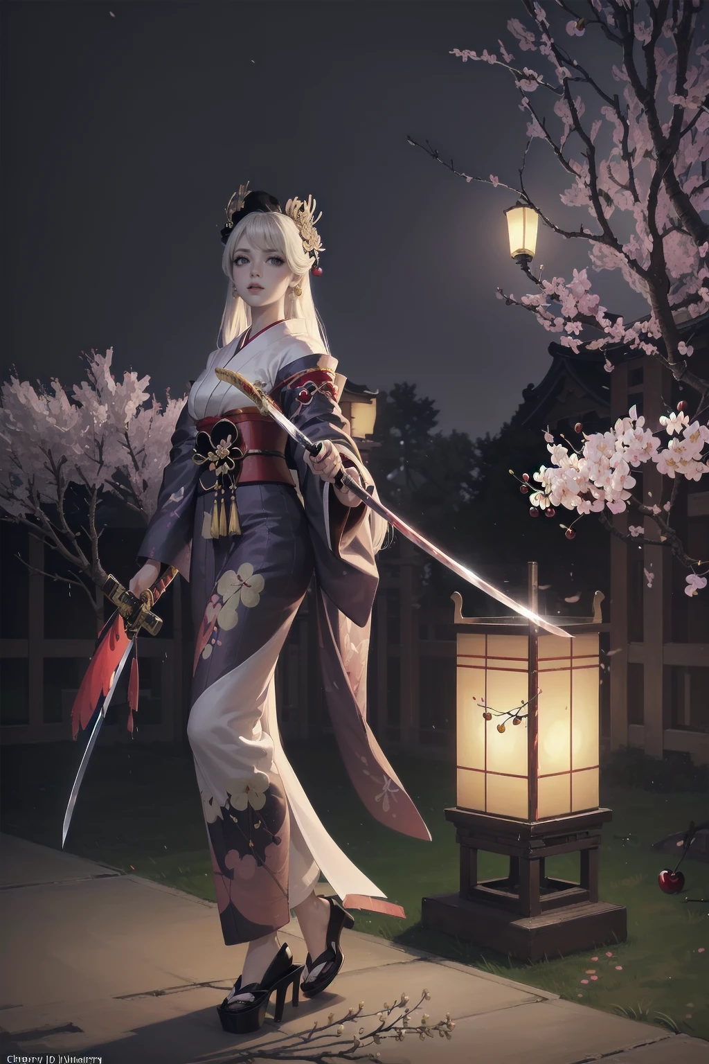 (Packed with award-winning masterpieces, Very detailed, Texture and maximum detail), (hyper Realistic:1.4), (Realistic:1.3), (Full body image:1.9), (Upper body close-up:0.2), (transparent strangely white skin with the highest quality Realistic texture), (She is holding a straight Japanese sword with mysterious light and intricate decorations.: 1.8), (Sword wielding geisha warrior: 1.8), (Five perfect, beautiful fingers: 1.4), (Japanese folk tale geisha warrior: 1.8), (Beautiful long black hair blowing in the wind (Beautiful long black hair blowing in the wind:1.8), (Beautiful Japanese Geisha hairstyle:1.8), (Her hair is decorated with many hairpins., Japanese hair ornaments:1.4), (Wear a decadent and luxurious Japanese kimono:1.8), (She smiled with blood red lips.:1.7), (The precise circular symmetry of her Japanese black eyes), (A deep and breathtakingly beautiful face: 1.6), (Aesthetic and decadent image: 1.8), (Pale but white skin and face: 1.6), (Wearing luxurious and intricately crafted accessories: 1.8), (Bright bioluminescent black eyes: 1.7), (Fallen Beauty 1.8), (Black eyes with an intense black light emanating from within: 1.7), (Less exposed skin: 1.5), (Strong moonlight overhead: 1.7), ((Dramatic Photos)), ((Cinematic light)), (Full body image: 1.9), (look up), (Looking down), (Dramatic Pose ), (Smoke effects and mesmerizing lights:1.4), Beautiful white hair, Beautiful silver hair, (Cherry tree:1.8), Wind effects, (Cherry blossom petals fluttering in the wind:0.8), (Lightning flashes in the sky:0.8), wind and rain, (Drifting purple smoke:1.3), (Dark Night, Full moon night, Crescent Moon), epic Realistic, Faded, ((Neutral Colors )), art, (High resolution:1.5), (Calm colors:1.2), Very detailed, (art station:1.5), Cinematic, Warm Light, Light effects, Dramatic Light, (Intricate details:1.1), Complex background, (Greg Rutkowski:0.8), (blue green and orange:0.4)