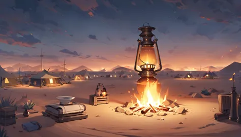 background, desert, small town in the distance, small camp in the desert, bonfire, evening, one kerosene lamp