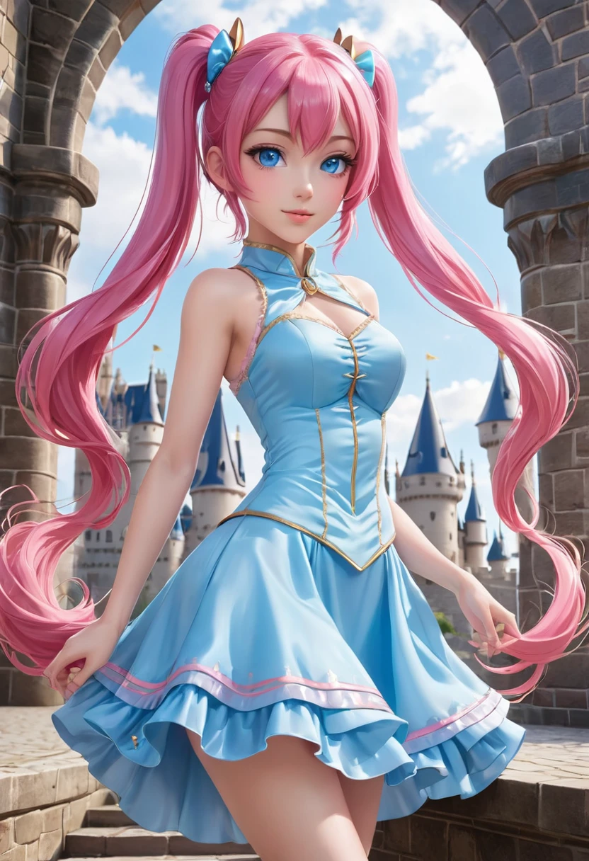 1 female　Pink Hair　Pink eyebrows　Light blue eyes　ponytail　dress　Inside the castle　Idol Pose