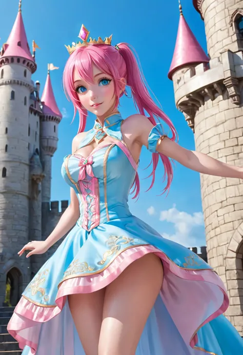 1 female　pink hair　pink eyebrows　light blue eyes　ponytail　dress　inside the castle　idol pose