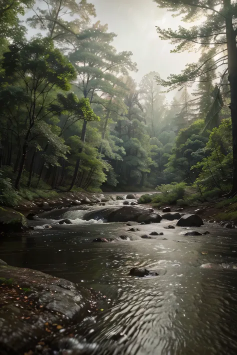 large plan shot and Low angle shot of a flowing river, rain falling, in a forest in a digital art style, a calm atmosphere conducive to sleep which emerges from the scene
, a calm atmosphere conducive to sleep that emerges from the scene, The video should feel peaceful and calming, higly detailed, paintings