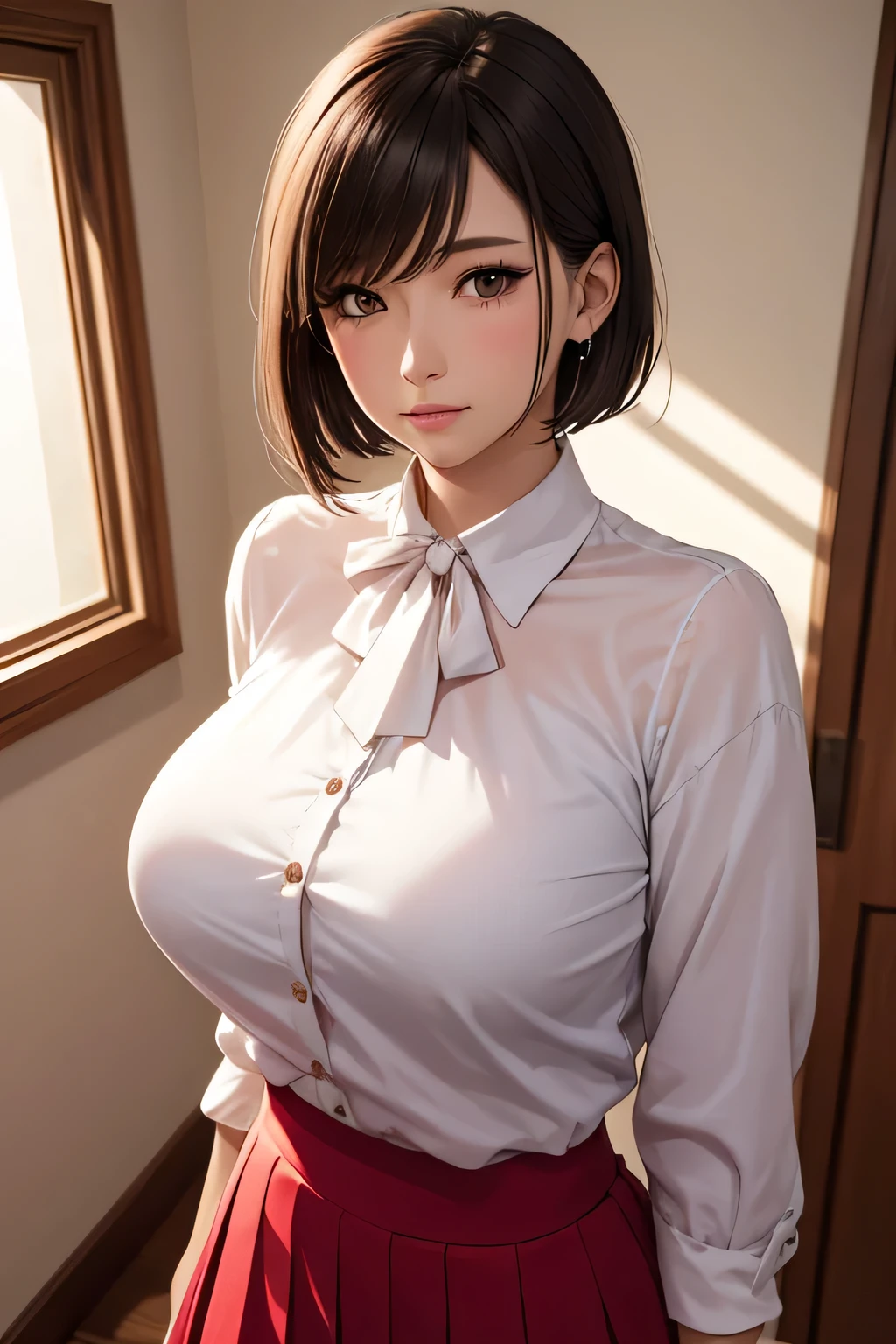 One Woman, alone, middle aged, Beautiful middle aged woman、I could see the whole body、 ((short hair)), ((Brown eyes, Beautiful eyelashes, Realistic eyes)), ((Detailed face, blush:1.2)), ((Smooth texture:0.75, Realistic texture:0.65, Realistic:1.1, Anime CG style)), ((Glamorous Body)),((Big Breasts)), Dynamic Angle, Perfect body, ((Light purple transparent blouse, Red Skirt))、(Hotel stairs)、that&#39;the wind is strong、(Very embarrassing panic smile)、I can see her panties peeking out right in front of me.., Angle looking up from the top of the stairs、 (((The wind flipped up her skirt、Your pants are completely visible..、Pink floral panty star piece, Highest quality, High resolution, Pixel Perfect, 8k,))), 