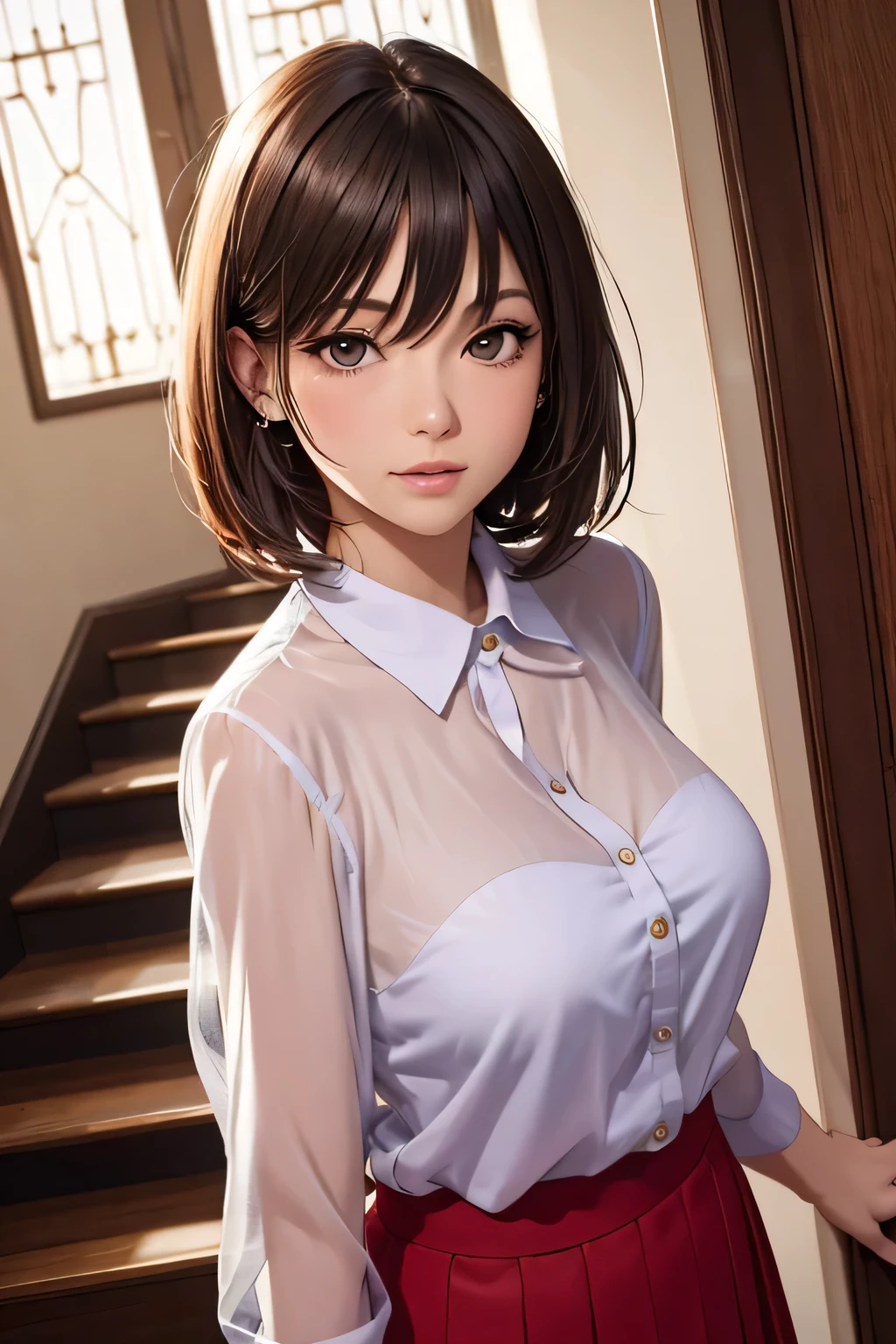 One Woman, alone, middle aged, Beautiful middle aged woman、I could see the whole body、 ((short hair)), ((Brown eyes, Beautiful eyelashes, Realistic eyes)), ((Detailed face, blush:1.2)), ((Smooth texture:0.75, Realistic texture:0.65, Realistic:1.1, Anime CG style)), ((Glamorous Body)),((Big Breasts)), Dynamic Angle, Perfect body, ((Light purple transparent blouse, Red Skirt))、(Hotel stairs)、that&#39;the wind is strong、(Very embarrassing panic smile)、I can see her panties peeking out right in front of me.., Angle looking up from the top of the stairs、 (((The wind flipped up her skirt、Your pants are completely visible..、Pink floral panty star piece, Highest quality, High resolution, Pixel Perfect, 8k,))), 