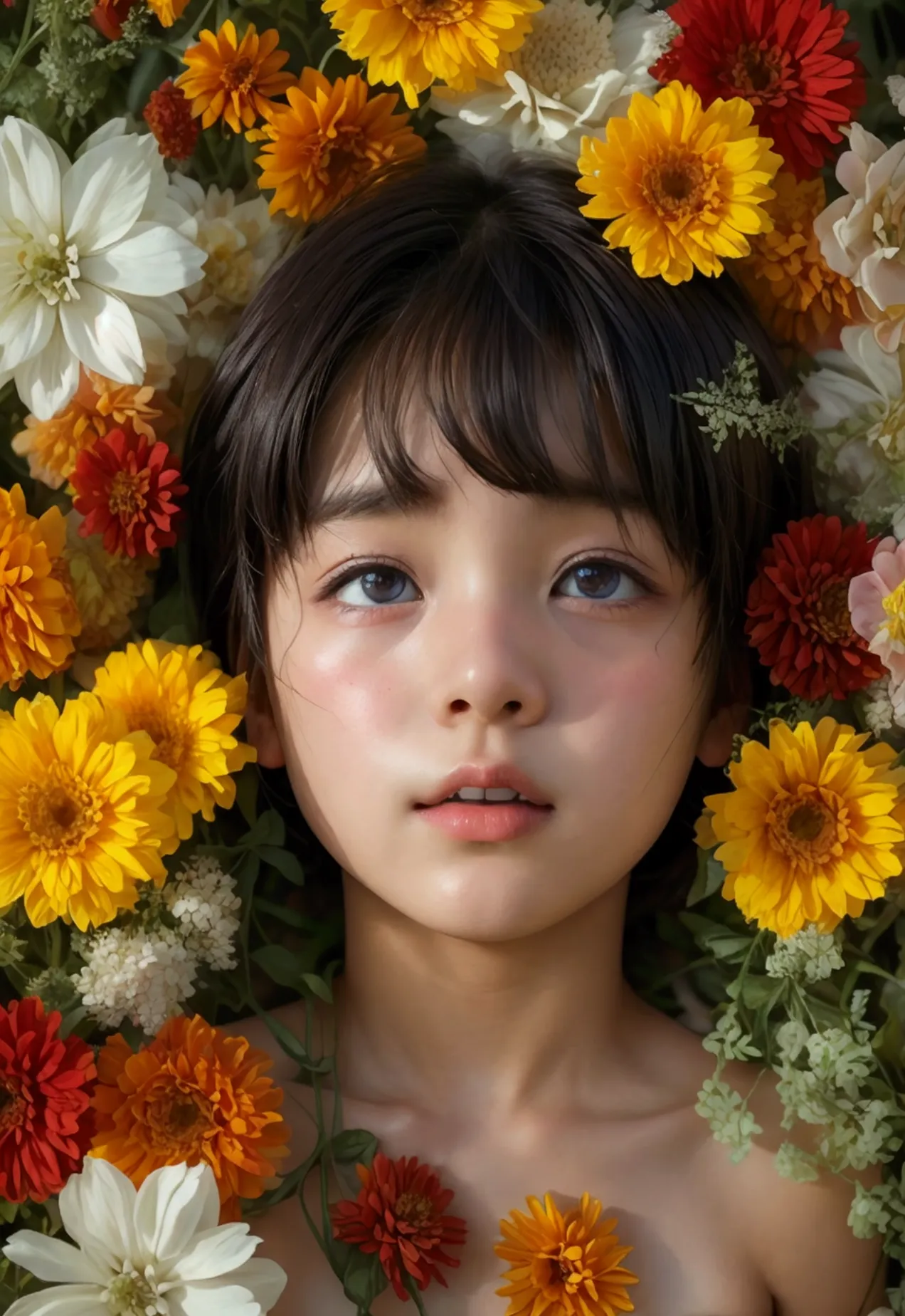 Cute girl surrounded by flowers、 Gravure Model、very 、Flat chest of a boy、Flower Field、Masterpiece: Same appearance and height as...