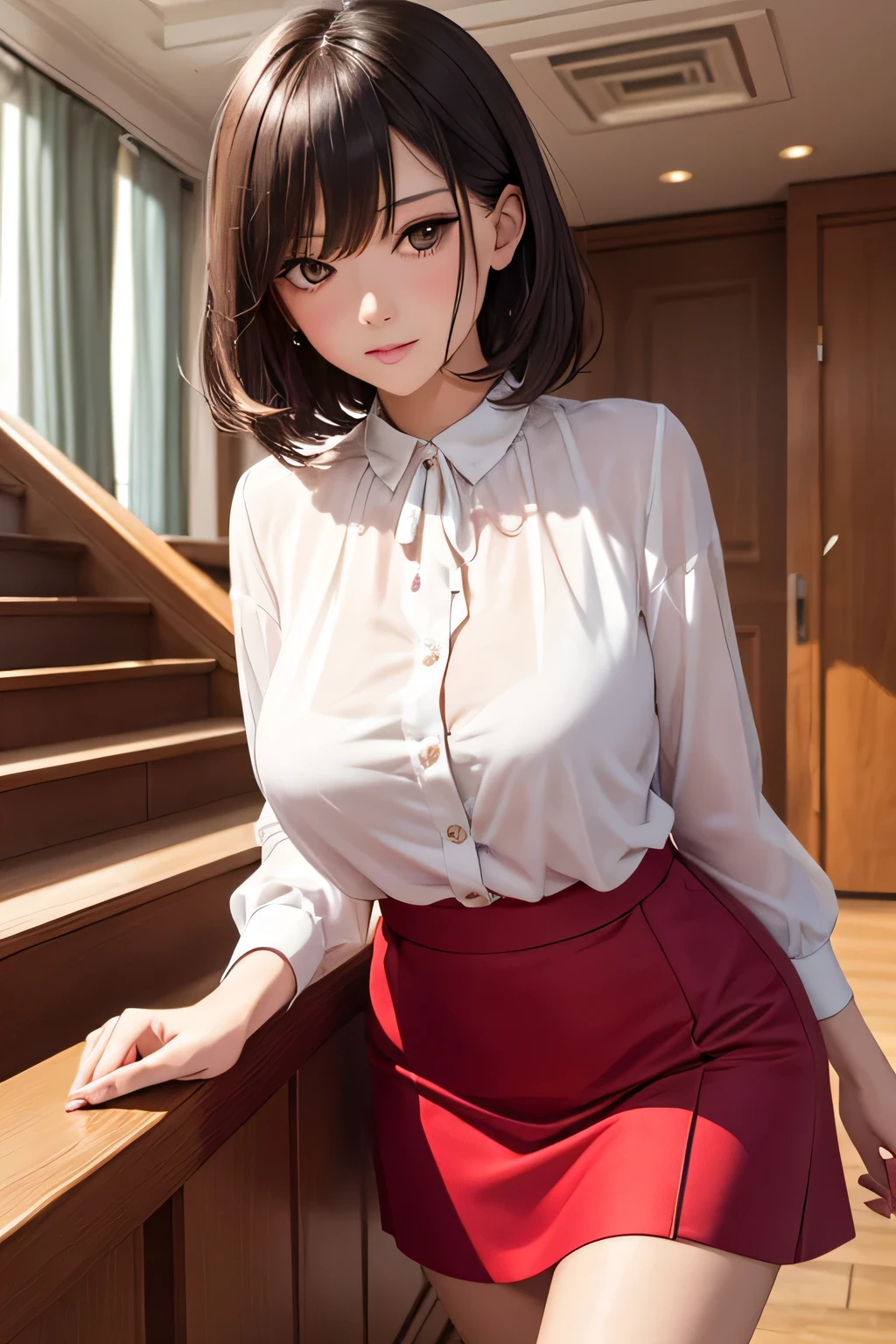 One Woman, alone, middle aged, Beautiful middle aged woman、I could see the whole body、 ((short hair)), ((Brown eyes, Beautiful eyelashes, Realistic eyes)), ((Detailed face, blush:1.2)), ((Smooth texture:0.75, Realistic texture:0.65, Realistic:1.1, Anime CG style)), ((Glamorous Body)),((Big Breasts)), Dynamic Angle, Perfect body, ((Light purple transparent blouse, Red Skirt))、(Hotel stairs)、that&#39;the wind is strong、(Very embarrassing panic smile)、I can see her panties peeking out right in front of me.., Angle looking up from the top of the stairs、 (((The wind flipped up her skirt、Your pants are completely visible..、Pink floral panty star piece, Highest quality, High resolution, Pixel Perfect, 8k,))), 