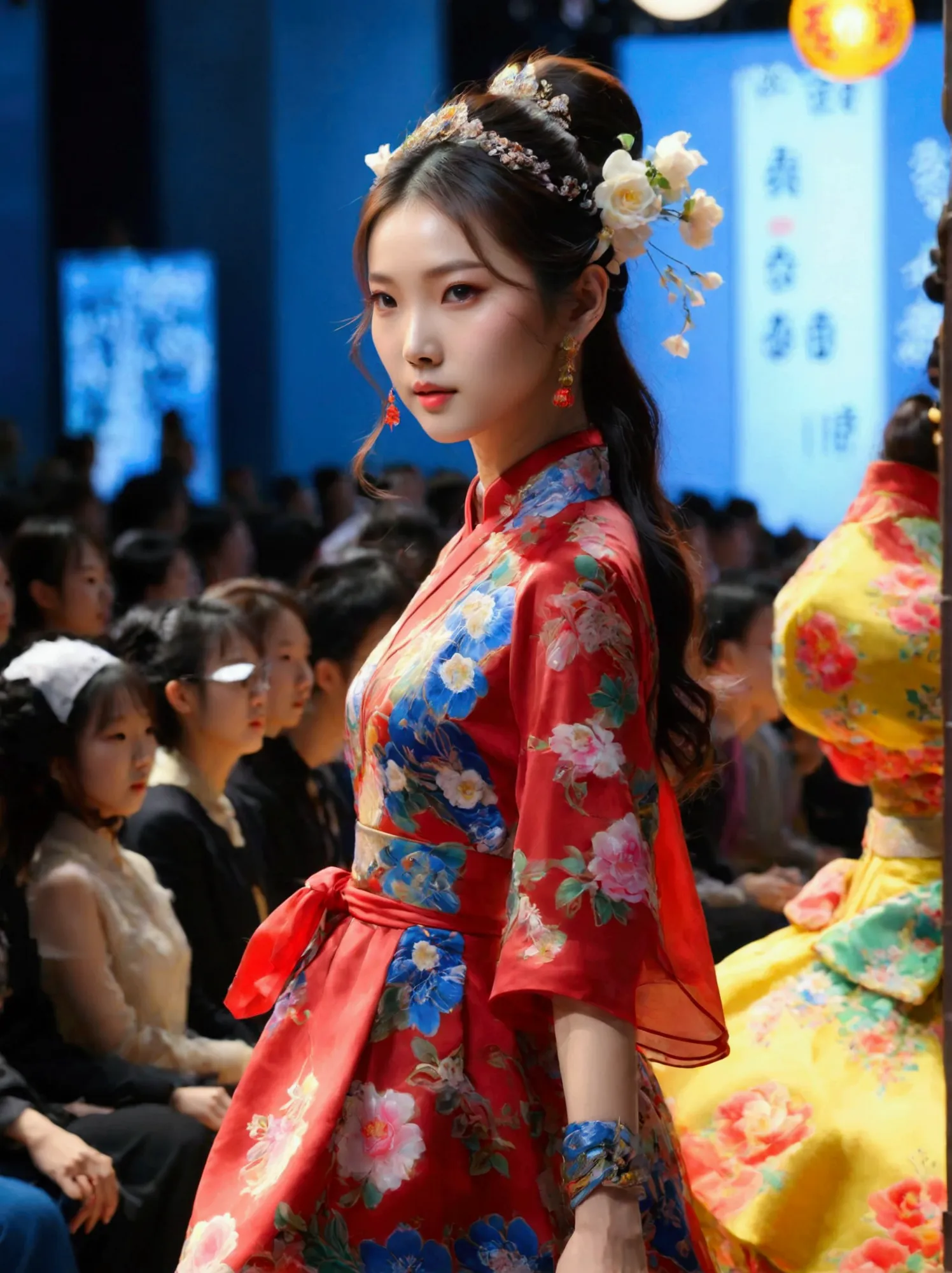 A model stands on the catwalk。This model is a beautiful Chinese girl，High fashion on display。The skirt she wore was exaggerated，...
