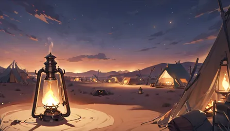   background, Desert, small town in the distance, small camp in the desert, bonfire, evening, one kerosene lamp
