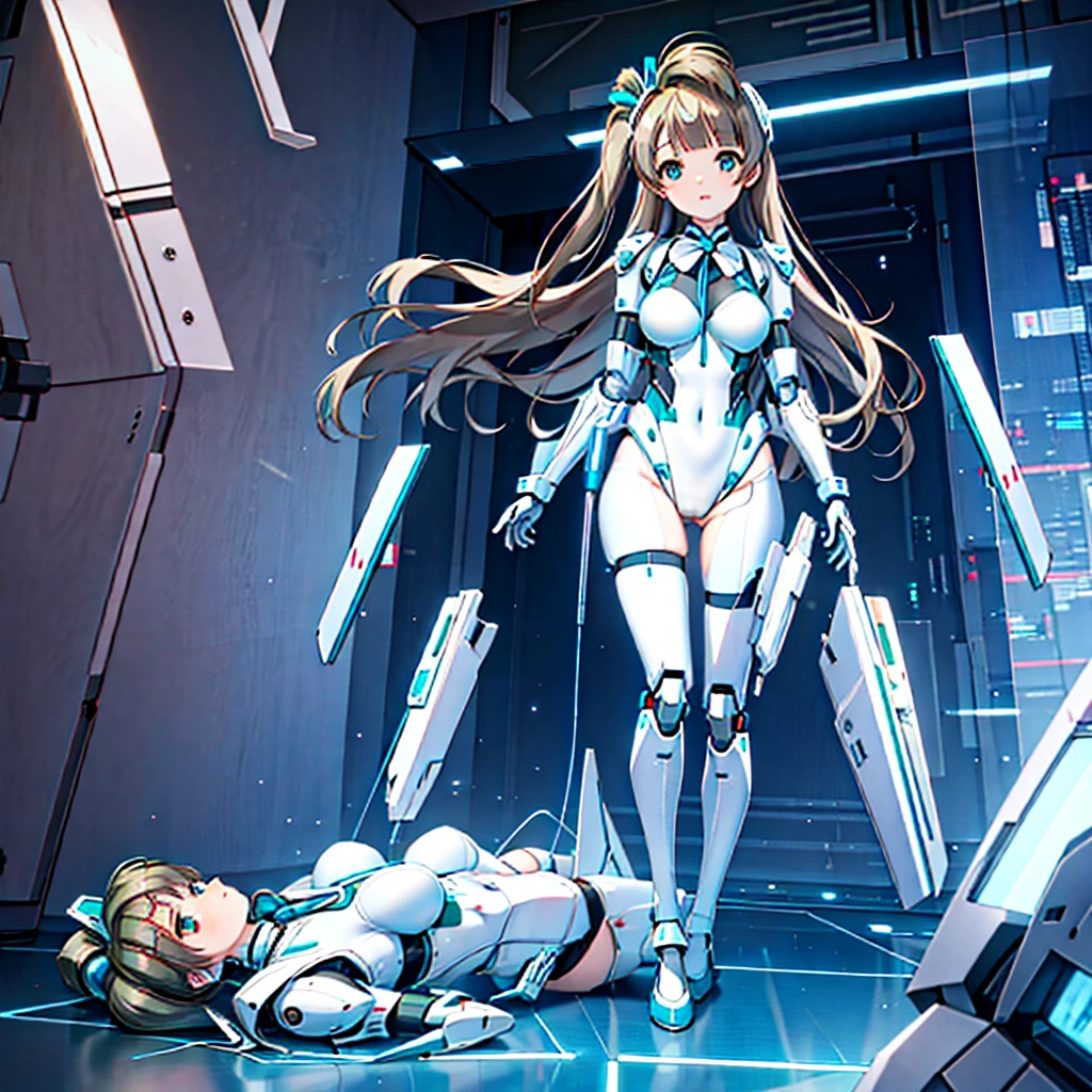 obra maestra, alta calidad, Durante la cirugía para convertir la máquina.、minami kotori, que se ha convertido en un cyborg de cuerpo mecánico、Cirugía para convertirlo en un cuerpo cyborg ginoide con partes mecánicas expuestas、Armadura mecánica tipo leotardo azul y blanca.、Todo el cuerpo, desde el cuello hacia abajo, está mecanizado con precisión..、imagen única、Toma de cuerpo entero desde el frente.