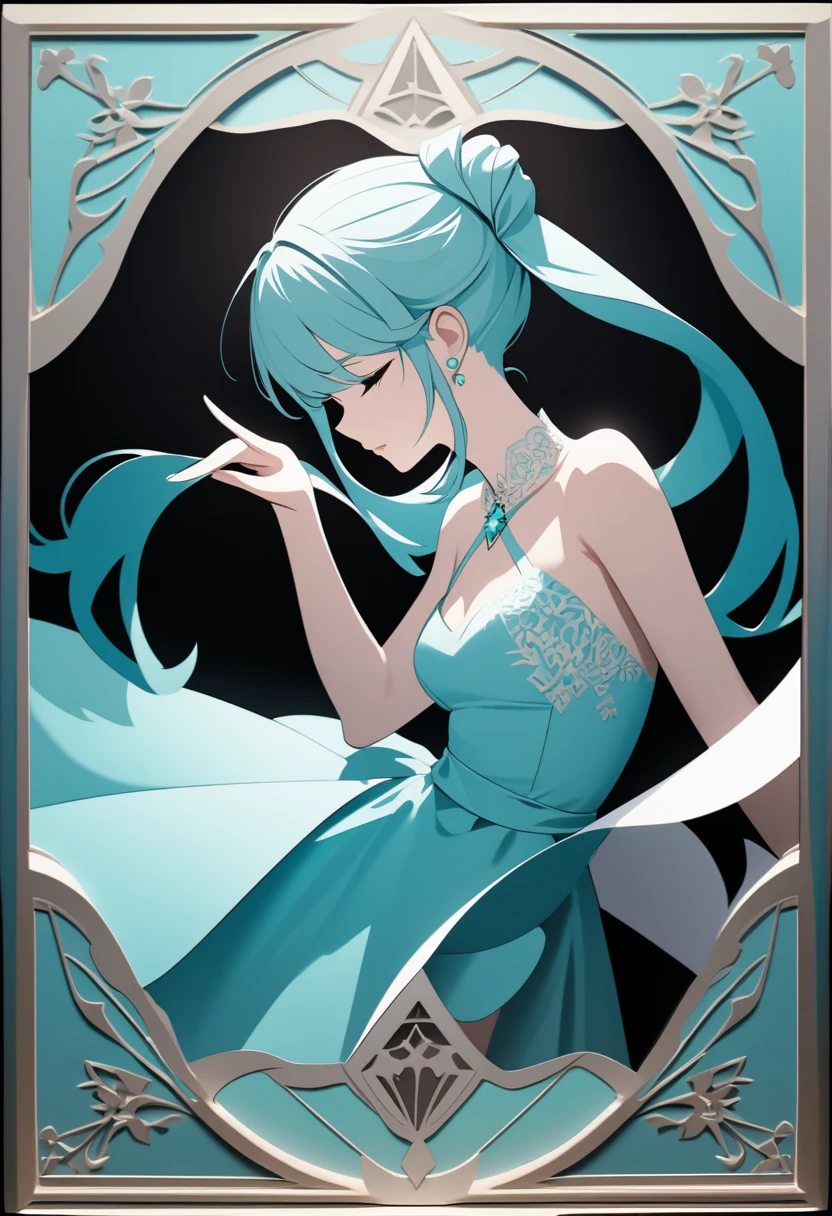 all Tiffany Blue, beautiful woman and kaleidoscope, tarot card frame design, 2.5D, delicate and dynamic, fusion of paper cutting and shadow puppetry, shading, gradation, artwork