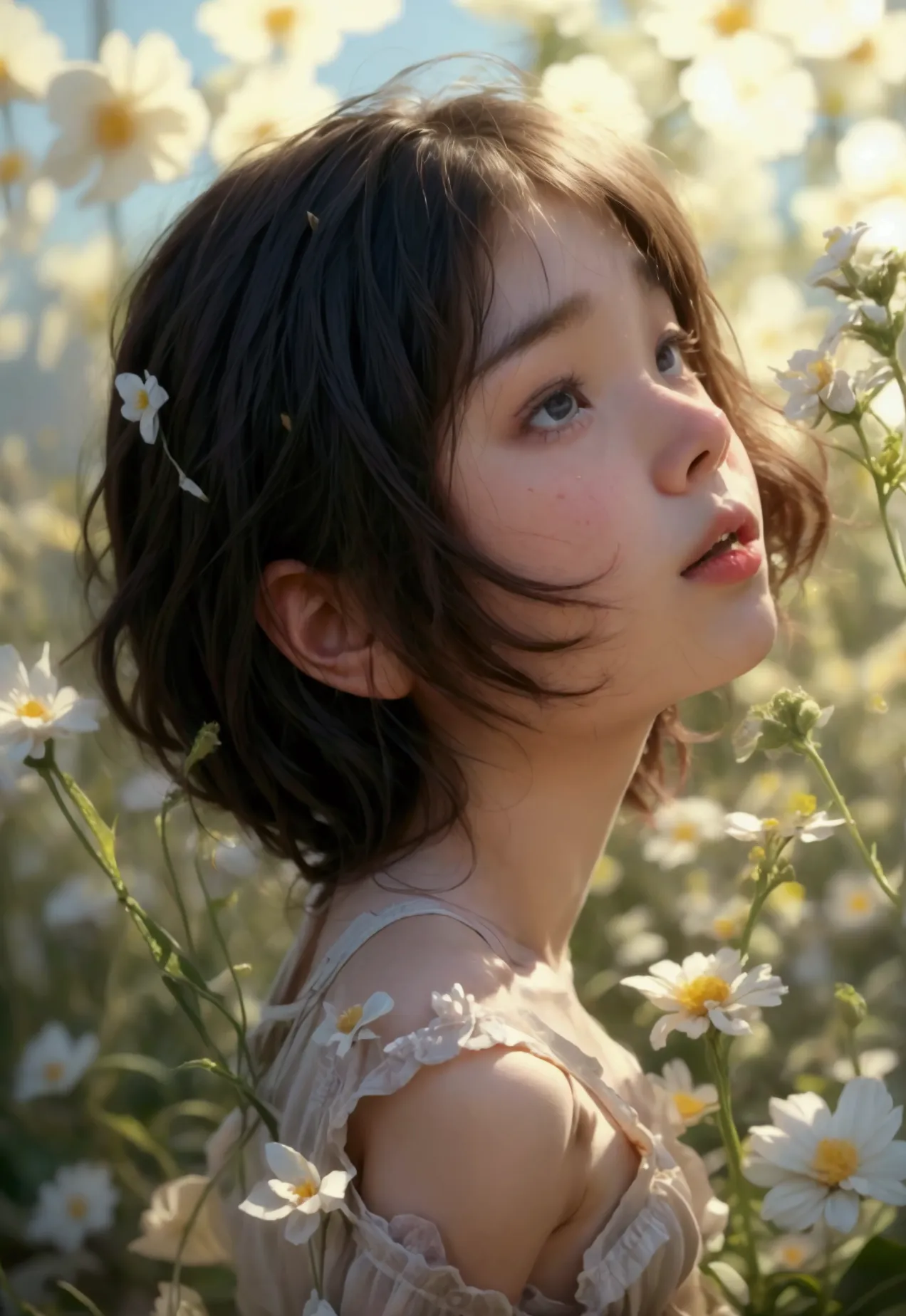 Cute girl surrounded by flowers、 Gravure Model、very 、Flat chest of a boy、Flower Field、Masterpiece: Same appearance and height as...