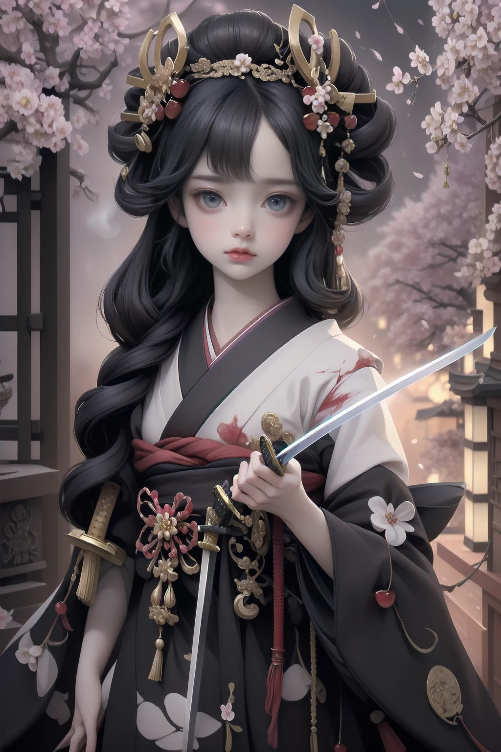 (Packed with award-winning masterpieces, Very detailed, Texture and maximum detail), (hyper Realistic:1.4), (Realistic:1.3),  (Upper body close-up:0.2), Looking diagonally from the front,slightly sideways, (transparent strangely white skin with the highest quality Realistic texture), (She is holding a straight Japanese sword with mysterious light and intricate decorations.: 1.8), (Sword wielding geisha warrior: 1.8), (Five perfect, beautiful fingers: 1.4), (Japanese folk tale geisha warrior: 1.8), (Beautiful long black hair blowing in the wind (Beautiful long black hair blowing in the wind:1.8), (Beautiful Japanese Geisha hairstyle:1.8), (Her hair is decorated with many hairpins., Japanese hair ornaments:1.4), (Wear a decadent and luxurious Japanese kimono:1.8), (She smiled with blood red lips.:1.7), (The precise circular symmetry of her Japanese black eyes), (A deep and breathtakingly beautiful face: 1.6), (Aesthetic and decadent image: 1.8), (Pale but white skin and face: 1.6), (Wearing luxurious and intricately crafted accessories: 1.8), (Bright bioluminescent black eyes: 1.7), (Fallen Beauty 1.8), (Black eyes with an intense black light emanating from within: 1.7), (Less exposed skin: 1.5), (Strong moonlight overhead: 1.7), ((Dramatic Photos)), ((Cinematic light)), (look up), (Looking down), (Dramatic Pose ), (Smoke effects and mesmerizing lights:1.4), Beautiful white hair, Beautiful silver hair, (Cherry tree:1.8), Wind effects, (Cherry blossom petals fluttering in the wind:0.8), (Lightning flashes in the sky:0.8), wind and rain, (Drifting purple smoke:1.3), (Dark Night, Full moon night, Crescent Moon), epic Realistic, Faded, ((Neutral Colors )), art, (High resolution:1.5), (Calm colors:1.2), Very detailed, (art station:1.5), Cinematic, Warm Light, Light effects, Dramatic Light, (Intricate details:1.1), Complex background, (Greg Rutkowski:0.8), (blue green and orange:0.4)