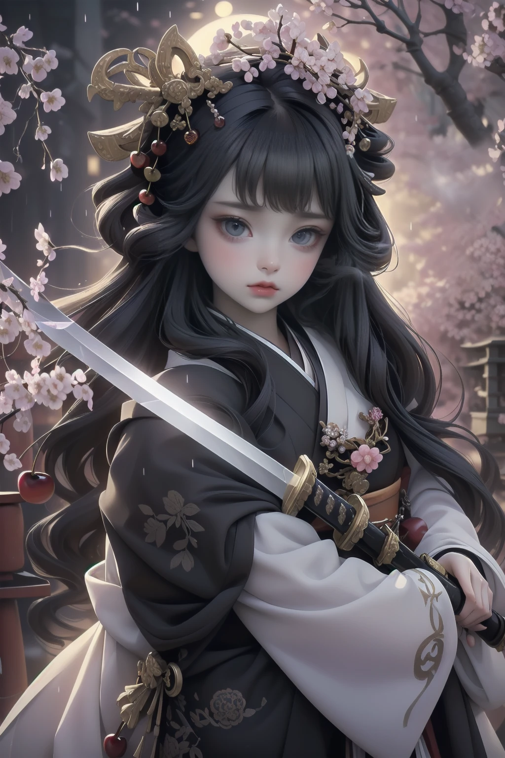 (Packed with award-winning masterpieces, Very detailed, Texture and maximum detail), (hyper Realistic:1.4), (Realistic:1.3),  (Upper body close-up:0.2), Looking diagonally from the front,slightly sideways, (transparent strangely white skin with the highest quality Realistic texture), (She is holding a straight Japanese sword with mysterious light and intricate decorations.: 1.8), (Sword wielding geisha warrior: 1.8), (Five perfect, beautiful fingers: 1.4), (Japanese folk tale geisha warrior: 1.8), (Beautiful long black hair blowing in the wind (Beautiful long black hair blowing in the wind:1.8), (Beautiful Japanese Geisha hairstyle:1.8), (Her hair is decorated with many hairpins., Japanese hair ornaments:1.4), (Wear a decadent and luxurious Japanese kimono:1.8), (She smiled with blood red lips.:1.7), (The precise circular symmetry of her Japanese black eyes), (A deep and breathtakingly beautiful face: 1.6), (Aesthetic and decadent image: 1.8), (Pale but white skin and face: 1.6), (Wearing luxurious and intricately crafted accessories: 1.8), (Bright bioluminescent black eyes: 1.7), (Fallen Beauty 1.8), (Black eyes with an intense black light emanating from within: 1.7), (Less exposed skin: 1.5), (Strong moonlight overhead: 1.7), ((Dramatic Photos)), ((Cinematic light)), (look up), (Looking down), (Dramatic Pose ), (Smoke effects and mesmerizing lights:1.4), Beautiful white hair, Beautiful silver hair, (Cherry tree:1.8), Wind effects, (Cherry blossom petals fluttering in the wind:0.8), (Lightning flashes in the sky:0.8), wind and rain, (Drifting purple smoke:1.3), (Dark Night, Full moon night, Crescent Moon), epic Realistic, Faded, ((Neutral Colors )), art, (High resolution:1.5), (Calm colors:1.2), Very detailed, (art station:1.5), Cinematic, Warm Light, Light effects, Dramatic Light, (Intricate details:1.1), Complex background, (Greg Rutkowski:0.8), (blue green and orange:0.4)