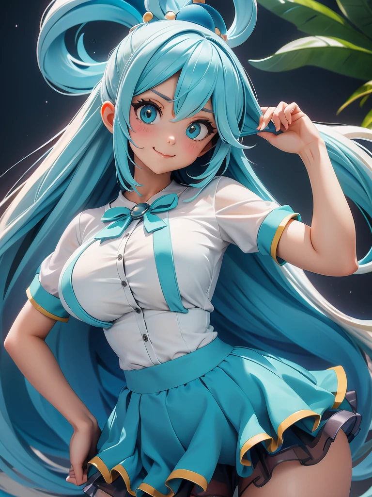 Aqua konosuba, 1 mujer,pelo azul en la cabeza, (Minifalda turquesa de cintura alta:1.3),, (Camisa blanca:1.3), (cruzado,debajo del busto:1.2), mangas cortas,sonrisa,,suspender,