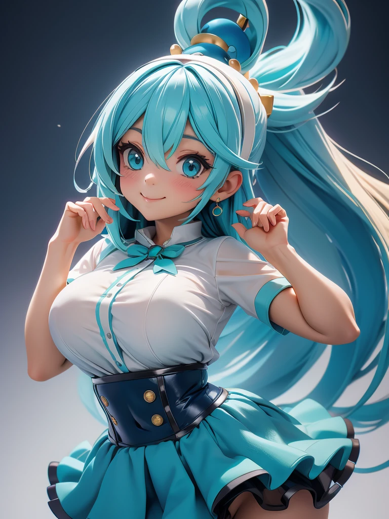 Aqua konosuba, 1 mujer,pelo azul en la cabeza, (Minifalda turquesa de cintura alta:1.3),, (Camisa blanca:1.3), (cruzado,debajo del busto:1.2), mangas cortas,sonrisa,,suspender,