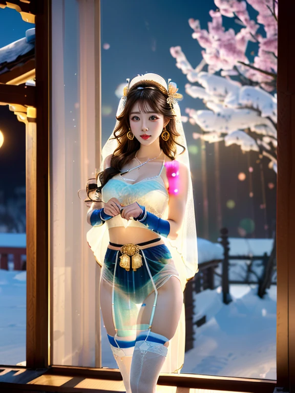 Una modelo de carreras femenina china,((Noche),(luz de la luna),(caer),(Escena de nieve)), (8k ultra alta definición, cámara réflex digital, luz tenue, alta calidad, iluminación volumétrica, Franco, Foto, Alta resolución, 4k, 8K, bokeh), ((Crea impresionantes imágenes de chicas reales.), luz calida, poses dinámicas, postura elegante, lente de vaquero, Vista frontal de cuerpo completo, desde el frente，Tener confianza, cuerpo frente a la cámara, De pie frente a la cámara, Abre ligeramente las piernas, Gráficos de proporción áurea, Minimalism), (Muestra una sonrisa encantadora, cejas de hoja de sauce, ojos grandes, Pinchazo en el ojo de albaricoque, flor de cerezo, ojos equilibrados, cara ovalada, cara bonita, Rasgos faciales normales, La piel es transparente y visible., Piel fina y carne tierna, cuerpo delgado, cosmético, pendientes, pulsera, collar, joyas, Velo, Accesorios para el cabello, tocado), (Pelo castaño, Peinado rizado ondulado, Cabello hasta la cintura, peinado desordenado, Peinados degradados, Peinado cyberpunk), ((ropa transparente：1.5), (El color de la ropa:blanco), ropa transparente, ropa transparente, ropa transparente, ropa de tul, Ropa de malla, ropa transparente y fluida, Ropa interior de seda transparente., Yukata transparente), (Sexy, forma perfecta del pecho, Forma de pecho en forma de lágrima, Pechos blancos como la nieve, Pechos muy detallados, 34E cup), (cintura súper alta,(dedo de camello, Estrangulamiento con horquilla alta)), (calcetín, Knee calcetíns, 吊liga, anillo de pierna, liga, 腿部liga)