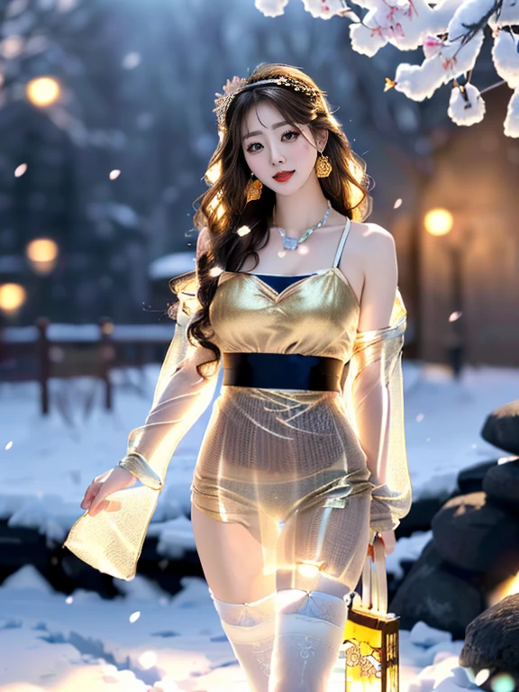 A Chinese female racing model,((night),(moonlight),(Fall),(Snow Scene)), (8K Ultra HD, Digital SLR Camera, Soft Light, high quality, Volumetric Lighting, frank, photo, high resolution, 4K, 8K, Bokeh), ((Create stunning images of real girls), warm light, Dynamic poses, Elegant Posture, Cowboy lens, Full body front view, From the front，Be confident, Body facing the camera, Standing facing the camera, Open your legs slightly, Golden Ratio Graphics, Minimalism), (Show a charming smile, Willow Leaf Eyebrows, big eyes, Apricot eye prick, Cherry Blossom, Balanced Eyes, Oval face, Pretty Face, Normal facial features, Skin is transparent and visible, Thin skin and tender meat, Slim body, cosmetic, earrings, bracelet, necklace, Jewelry, veil, Hair accessories, Headdress), (Brown hair, Wavy curly hairstyle, Waist-length hair, Messy Hairstyle, Gradient hairstyles, Cyberpunk hairstyle), ((Transparent clothes：1.5), (The color of the clothes:White), Transparent Clothes, See-through clothes, Transparent Clothes, Tulle clothes, Mesh clothes, Transparent flowing clothes, Transparent silk underwear, Transparent yukata), (Sexy, Perfect breast shape, Teardrop chest shape, Snow-white breasts, very detailed breasts, 34E cup), (Super high waist,(Camel toe, High fork strangulation)), (sock, Knee socks, 吊garter, Leg ring, garter, 腿部garter)