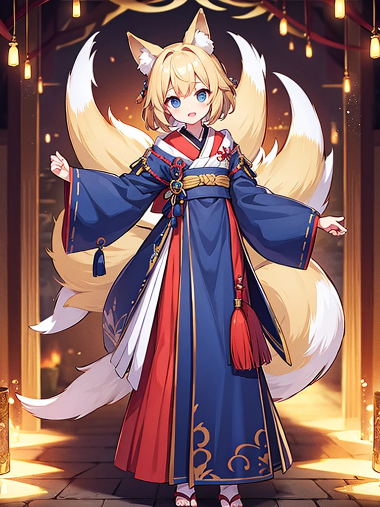 Full-body portrait、Are standing、、Short Hair、Blonde、Onmyoji costume、Fox Ears、Fox&#39;s Tail