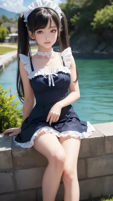 ((masterpiece)), ((highest quality、Ultra high definition)), (Very detailed),8K、Photo quality、((Amazingly cute girl)),16-year-old girl)), Two people, , (Beautiful emerald blue eyes), ((smile)),In the open-air bath overlooking the sea, Beautifully arranged black hair in twin tails、スリムボディー、((Cute lolita maid style swimsuit))、Professional Lighting、(White lace knee-highore detailed and beautiful)、(More details and cutenesore realistic)、((Just wear light clothing))、プールではしゃぐ、