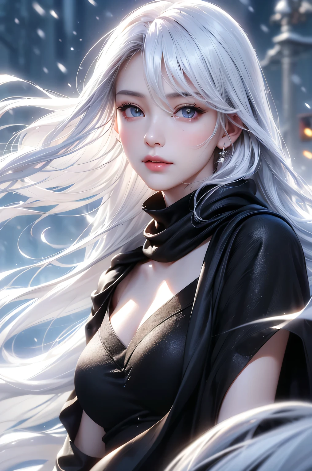 ((masterpiece:1.5、8k、Tabletop、Photorealistic and very detailed CG、Very detailed、Particle Effects、Dynamic Effects、Shallow depth of field、Cinematic Light、Lens flare、Ray Tracing、Tabletop、Realistic:1.4、Ultra-high resolution:1.2、Realistic、Realistic))((alone、,A woman wearing a black cashmere coat over an off-the-shoulder dress:1.4、Elegant woman posing、Detailed face、brightexpression、young, bright, Whiter skin、Medium chest、Beautiful cleavage、Best Looks、ASİAN、Ultimate beauty、bright and shiny hair,、Super long, Silky straight hair、Hair dancing in the wind))(morning、The setting is outdoors in the snow、Crystal of snow)((shiny white hair))
