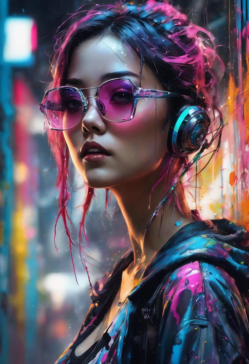 设计一幅数字Art work，Portraying a futuristic femme fatale，, reflective glass glasses and a Smooth, High-tech texture, Center, Nearly perfect, Dynamic, Very detailed, Art Station, Concept Art, Smooth, Clear focus, illustration, Art work：carne griffiths 和 wadim kashin, Graffiti airbrush technique, HD, Accent Lighting, Contrast with bright paint colors