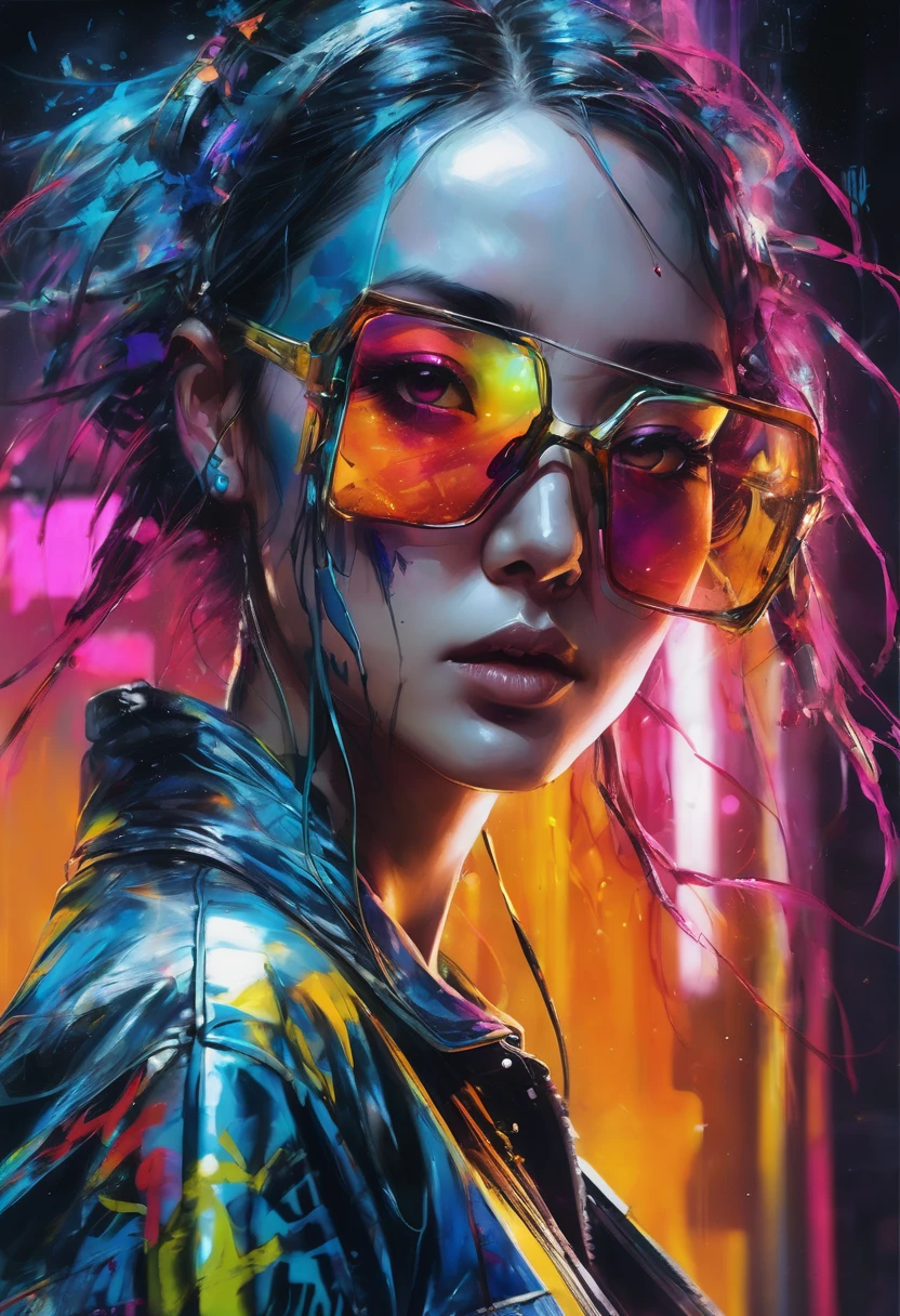 设计一幅数字Art work，Portraying a futuristic femme fatale，, reflective glass glasses and a Smooth, High-tech texture, Center, Nearly perfect, Dynamic, Very detailed, Art Station, Concept Art, Smooth, Clear focus, illustration, Art work：carne griffiths 和 wadim kashin, Graffiti airbrush technique, HD, Accent Lighting, Contrast with bright paint colors