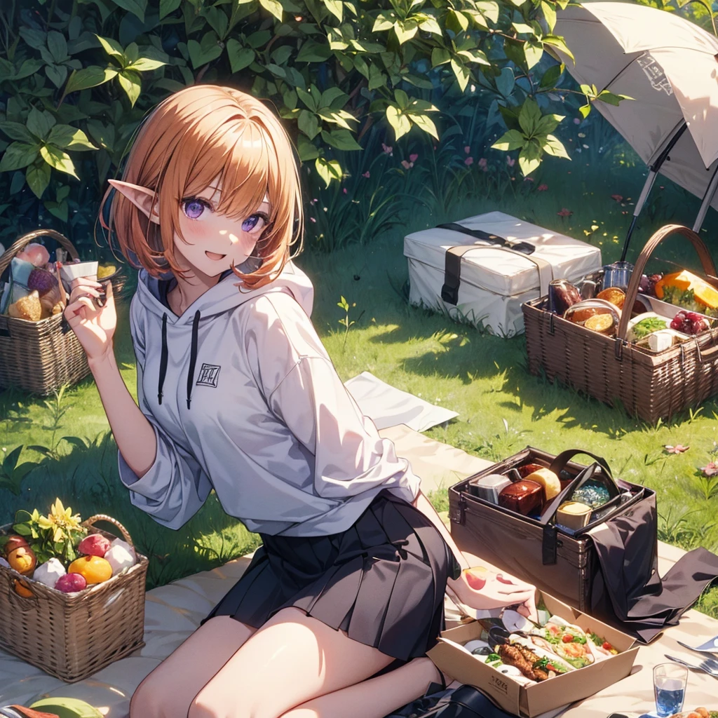 (Remember,food:1.3),(picnic:1.3),basket, Elf Ears, Highest quality,Best image quality,Perfect Anatomy,masterpiece,Very detailedな,beautiful,super high quality, Highest quality,High resolution, Very detailed,Game CG,Dutch Angle ,beautiful細部までこだわった目,Visual Arts,Five Fingers, Perfect hands,Hide your hands, {{{One Girl}}}, beautiful詳細な女の子, Game CG, Spring flower, One curl on the outside, Short Bob Hair, Pastel orange hair, Purple eyes,Stylish accessories solo, Breast augmentation, Medium Shot, woman, Take-out, Laughter, Huge ,,Pastel green checkered mini skirt,Black Knee High, {{{{{Wearing a pastel green hoodie}}}}},Open your mouth, wonderful, beautiful細部までこだわった目, Highest quality, Very delicate,Masseter region,Highest quality,(Official Art、Highest quality、unity 8k wallpaper、32K、masterpiece、Very detailedな、超High resolution、Realistic、Realistic:1.2)、(Cinema Lighting:1.2)、Fire glow effect、The most grainy shadows on the film、Side light、Side Shot、(Very detailedなで複雑な3Dレンダリング)、Atelier Series,