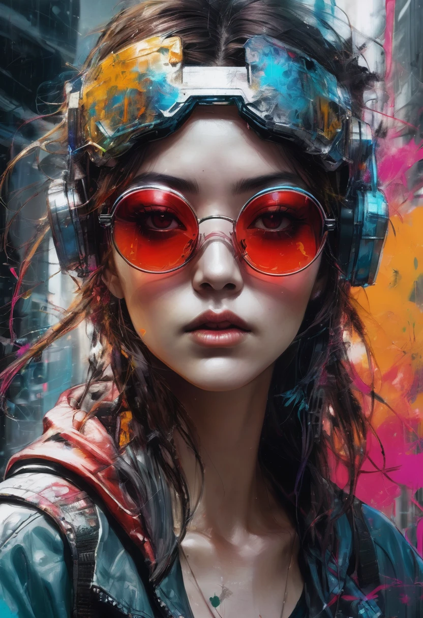 设计一幅数字Art work，Portraying a futuristic femme fatale，, reflective glass glasses and a Smooth, High-tech texture, Center, Nearly perfect, Dynamic, Very detailed, Art Station, Concept Art, Smooth, Clear focus, illustration, Art work：carne griffiths 和 wadim kashin, Graffiti airbrush technique, HD, Accent Lighting, Contrast with bright paint colors