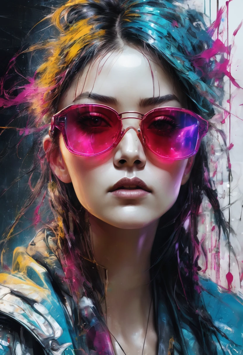 设计一幅数字Art work，Portraying a futuristic femme fatale，, reflective glass glasses and a Smooth, High-tech texture, Center, Nearly perfect, Dynamic, Very detailed, Art Station, Concept Art, Smooth, Clear focus, illustration, Art work：carne griffiths 和 wadim kashin, Graffiti airbrush technique, HD, Accent Lighting, Contrast with bright paint colors