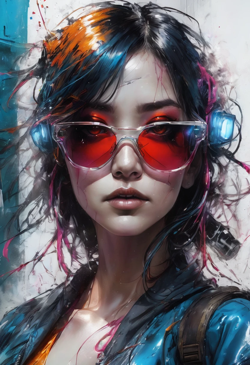 设计一幅数字Art work，Portraying a futuristic femme fatale，, reflective glass glasses and a Smooth, High-tech texture, Center, Nearly perfect, Dynamic, Very detailed, Art Station, Concept Art, Smooth, Clear focus, illustration, Art work：carne griffiths 和 wadim kashin, Graffiti airbrush technique, HD, Accent Lighting, Contrast with bright paint colors