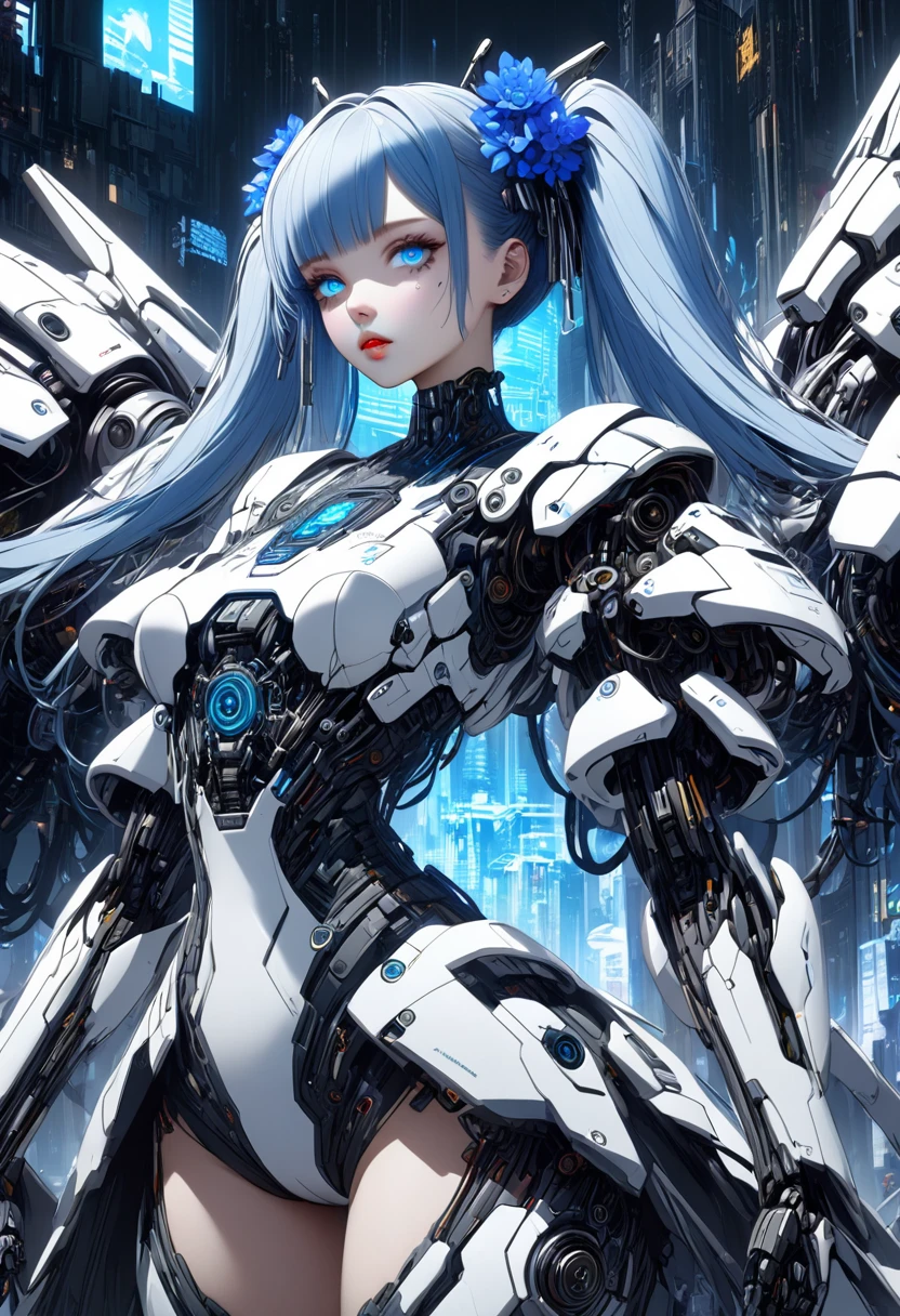 1 girl, robot girl, blue hair, twin tails, blue eyes, beautiful detailed eyes, beautiful detailed lips, extremely detailed eyes and face, long eyelashes, blue and white robot-like barrette, Gorgeous white and blue gothic lolita clothing in a cyberpunk style, you can see the mechanism from your body and clothes, sky blue neon light shines from clothes, holding a bouquet of blue flowers made by a machine, background, white futuristic city, (best quality,4k,8k,highres,masterpiece:1.2),ultra-detailed,concept art,digital painting,intricate details,science fiction,neon,vibrant colors,dramatic lighting