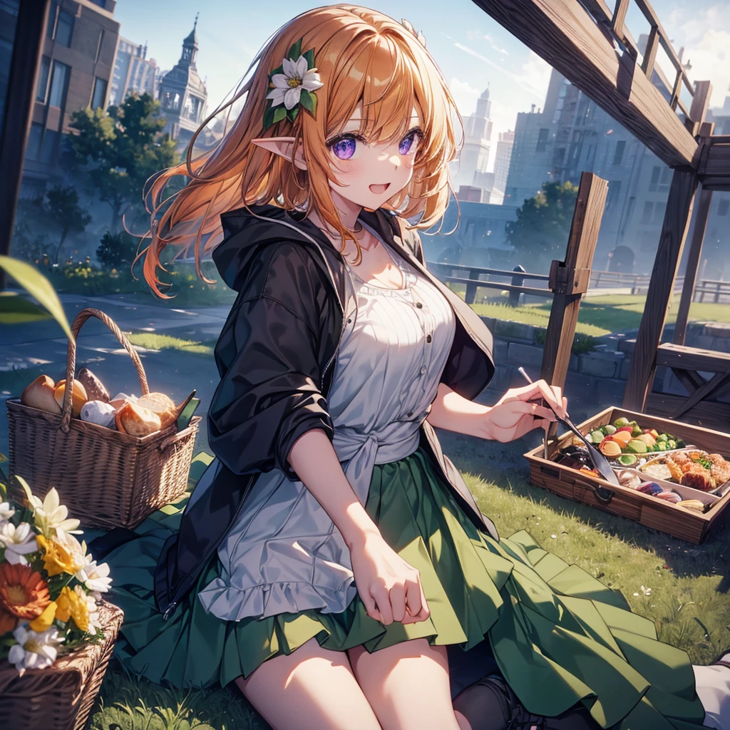 (Remember,food:1.3),(picnic:1.3),basket, Elf Ears, Highest quality,Best image quality,Perfect Anatomy,masterpiece,Very detailedな,beautiful,super high quality, Highest quality,High resolution, Very detailed,Game CG,Dutch Angle ,beautiful細部までこだわった目,Visual Arts,Five Fingers, Perfect hands,Hide your hands, {{{One Girl}}}, beautiful詳細な女の子, Game CG, Spring flower, One curl on the outside, Short Bob Hair, Pastel orange hair, Purple eyes,Stylish accessories solo, Breast augmentation, Medium Shot, woman, Take-out, Laughter, Huge ,,Pastel green checkered mini skirt,Black Knee High, {{{{{Wearing a pastel green hoodie}}}}},Open your mouth, wonderful, beautiful細部までこだわった目, Highest quality, Very delicate,Masseter region,Highest quality,(Official Art、Highest quality、unity 8k wallpaper、32K、masterpiece、Very detailedな、超High resolution、Realistic、Realistic:1.2)、(Cinema Lighting:1.2)、Fire glow effect、The most grainy shadows on the film、Side light、Side Shot、(Very detailedなで複雑な3Dレンダリング)、Atelier Series,