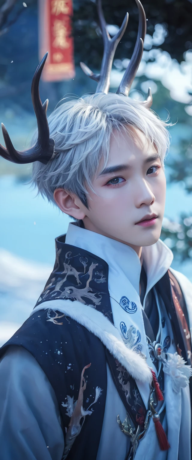 (absurdres, highres, ultra detailed, HDR), masterpiece, best quality, chinese style , short silver hair, deer horn above his head, handsome boy, anime eyes, detailed scebe, detailed character, realistic. 