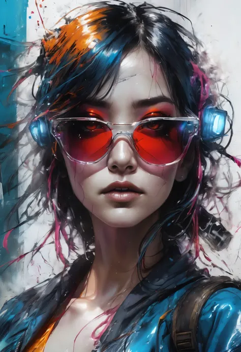 设计一幅数字art work，portraying a futuristic femme fatale，, reflective glass glasses and a smooth, high-tech texture, center, nearly p...