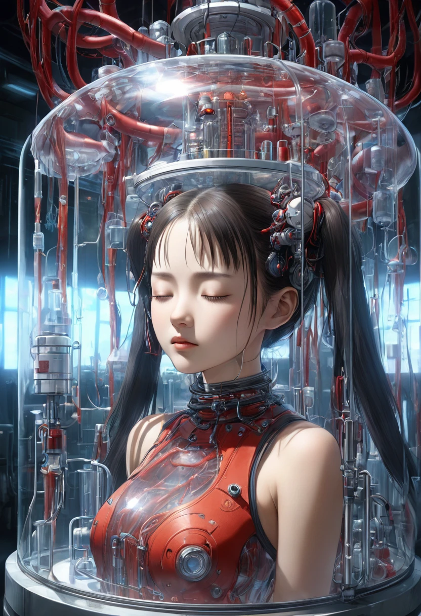 Intricate illustration in imaginative and cybertic surrealist art style，Translucent red twin tails Ether Machine Girl Surrounded by complicated medical equipment how it is being treated,she's a whole machine It is placed in a large transparent tank of culture medium.She puts all her hair in the tank, (The twin tails are not sticking out of the tank:1.2).Red tubes that look like thin blood vessels are connected to medical equipment throughout his body.A large tank is filled with a slightly bluish culture solution, and bubbles are rising from the bottom to the top.Details of a girl's beautiful face,Beautiful details of the culture solution inside the transparent culture tank, In the culture solution, she looks down and closes her eyes.cowboy shot,Fantastic cinematic lighting, realistic CG graphics,masterpiece, high resolution, high resolution images, 4, 8k ultra detail、SDXL