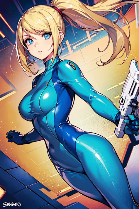 thick outlines, comics, photorealistic, 1girl, solo, dynamic pose, samus, zero suit, blue eyes, ponytail, holding gun with both ...