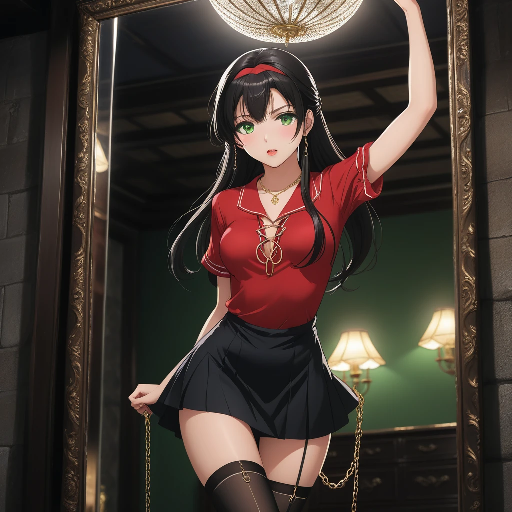 (full body image:1.5), (hyper-detailed image:1), (professional image:1.5), explicit content, source_hentai, 1girl, (perfect sexy body:1.5) black hair, long hair, green eyes, w-w-chain, shackles, raise arms, clean hair, red shirt, skirt, pantyhose, high heels, night, dungeon, best quality, best res, 4K UHD, (young sexy girl forced to standing up against a mirror to show her ass:1.5), (blindfolded:1.5), hairpin, ponytail, (sexy open minidress that shows her pussy:1.5), Looking at the viewer, (she is ashamed:1.4), (sexy black pantyhose:1.5), (detailed face:1.5), (Lolita face:1.5), (ashamed expression:1.5)
