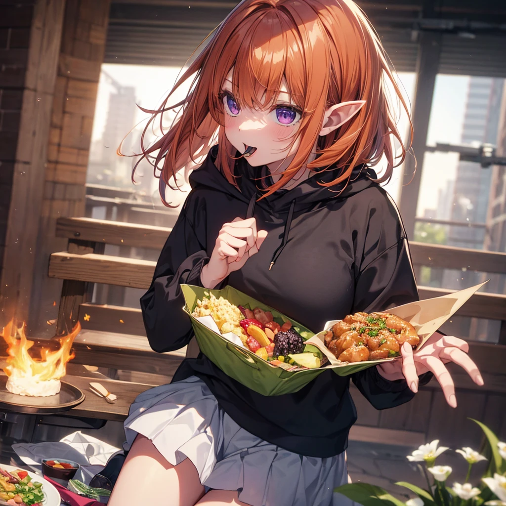 (Remember,food:1.3),(picnic:1.3),basket, Elf Ears, Highest quality,Best image quality,Perfect Anatomy,masterpiece,Very detailedな,beautiful,super high quality, Highest quality,High resolution, Very detailed,Game CG,Dutch Angle ,beautiful細部までこだわった目,Visual Arts,Five Fingers, Perfect hands,Hide your hands, {{{One Girl}}}, beautiful詳細な女の子, Game CG, Spring flower, One curl on the outside, Short Bob Hair, Pastel orange hair, Purple eyes,Stylish accessories solo, Breast augmentation, Medium Shot, woman, Take-out, Laughter, Huge ,,Pastel green checkered mini skirt,Black Knee High, {{{{{Wearing a pastel green hoodie}}}}},Open your mouth, wonderful, beautiful細部までこだわった目, Highest quality, Very delicate,Masseter region,Highest quality,(Official Art、Highest quality、unity 8k wallpaper、32K、masterpiece、Very detailedな、超High resolution、Realistic、Realistic:1.2)、(Cinema Lighting:1.2)、Fire glow effect、The most grainy shadows on the film、Side light、Side Shot、(Very detailedなで複雑な3Dレンダリング)、Atelier Series,