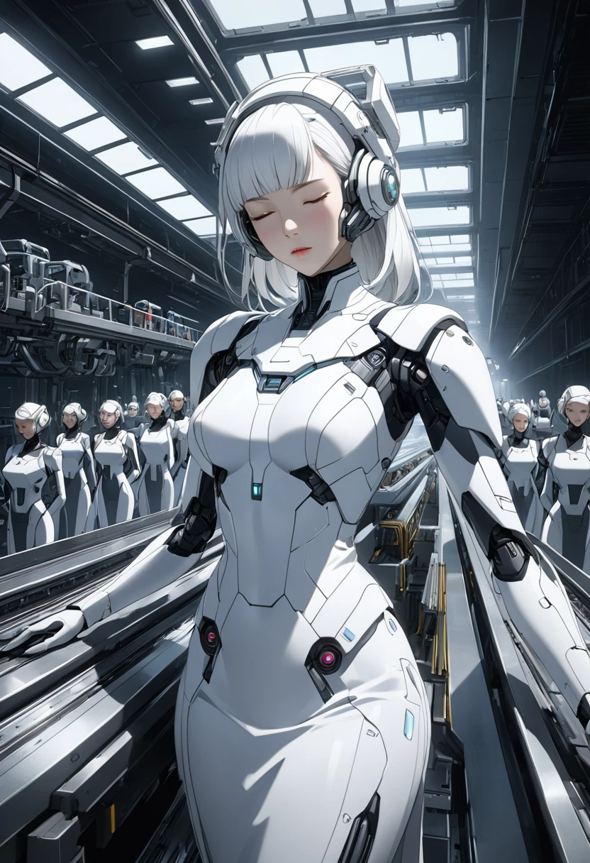 a detailed futuristic android woman in a white wedding dress on a conveyor belt production line, beautiful detailed face, eyes closed, many similar android women on the conveyor belt, cold white interior factory, laboratory-like structure, cinematic lighting, professional photography, ultra-detailed, masterpiece, best quality, 4k, 8k, ultra-detailed, 3dcg concept art, digital painting