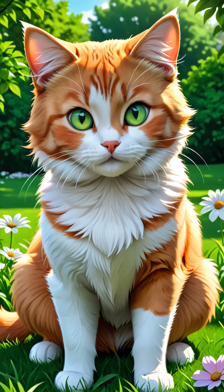 A little orange and white cat, a brown and white dog, playing together in a park, beautiful detailed eyes, beautiful detailed fur, extremely detailed animals, (best quality,4k,8k,highres,masterpiece:1.2),ultra-detailed,(realistic,photorealistic,photo-realistic:1.37),HDR,vivid colors,natural lighting,outdoor landscape,lush green grass,blooming flowers,sunny day,park scenery