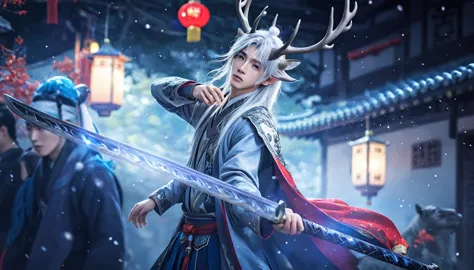 (absurdres, highres, ultra detailed, HDR), masterpiece, 1 boy, 22 years old, best quality, chinese style , long silver hair, dee...