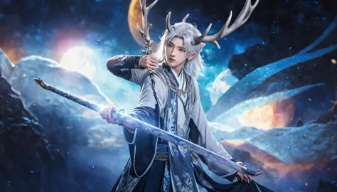 (absurdres, highres, ultra detailed, HDR), masterpiece, 1 boy, 22 years old, best quality, chinese style , long silver hair, dee...