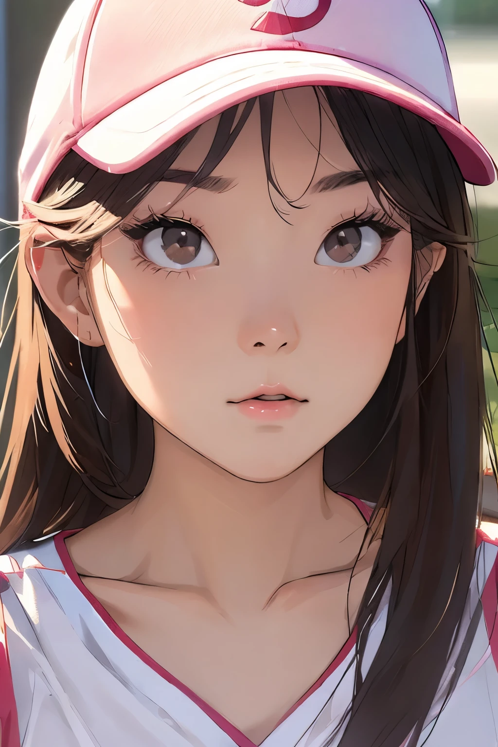 Beautiful and attractive Japanese women、Half-body photo、Delicate and sexy collarbone、Attractive oval face、double eyelid、Bright peach blossom eyes、Pink Lips、Small Nose、Bare shoulders、Concentrated face、Face close-up、Ultra-high resolution、Super detailed、Graceful posture、Baseball uniform、Baseball cap