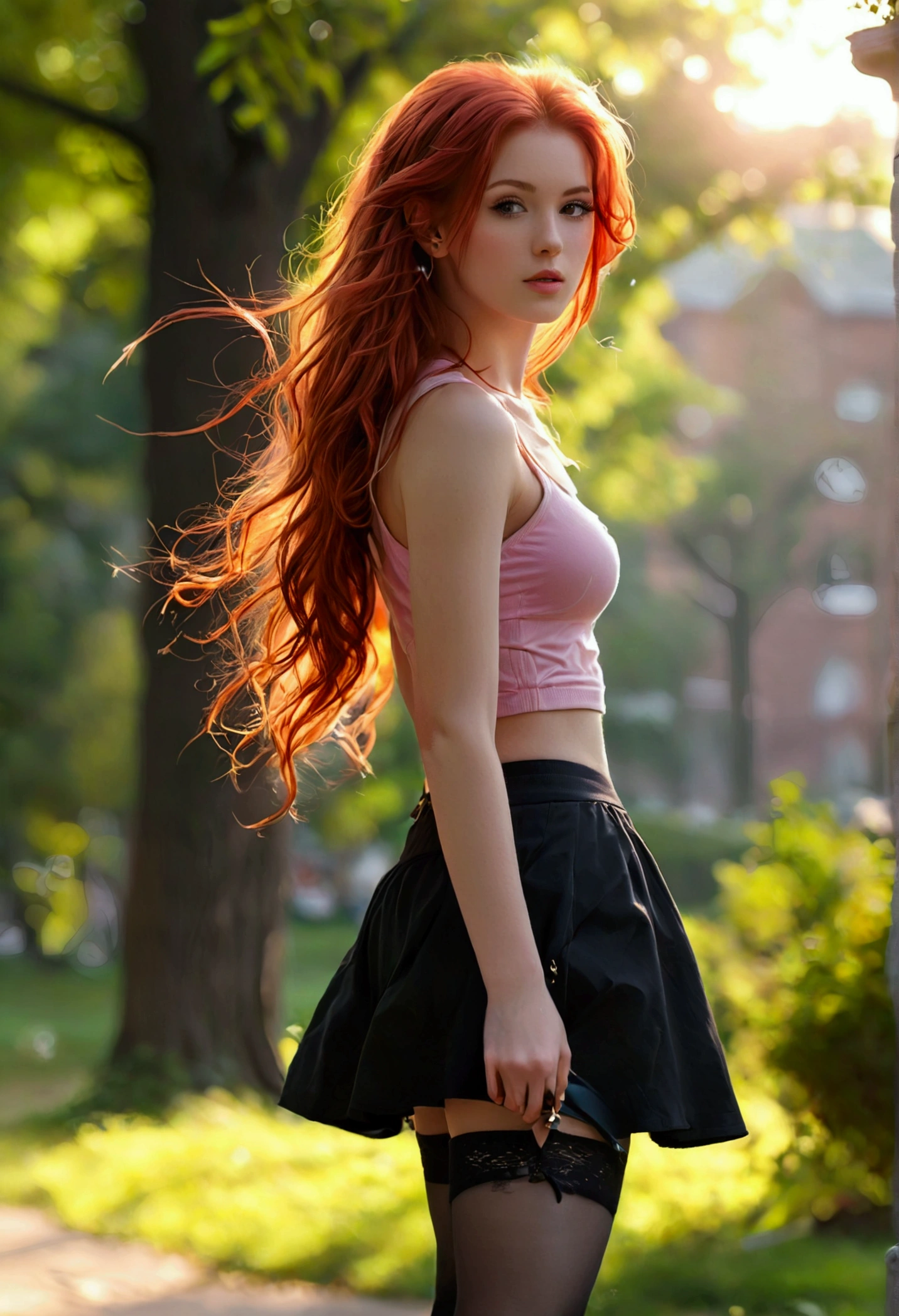 ultra realistic, photography, long red hair, girl, 24 years old, hourglass figure, perfect body, medium natural breasts, Flirty look, extremely detailed artgerm, in the style artgerm, lens 35 mm, blur background, walking, in the park at dawn, wearing a pink top, a black short skirt, thigh socks and sneakers,