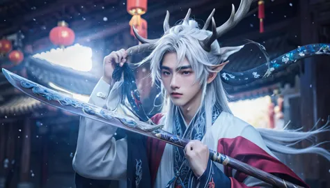 (absurdres, highres, ultra detailed, HDR), masterpiece, 1 boy, 22 years old, best quality, chinese style , long silver hair, dee...