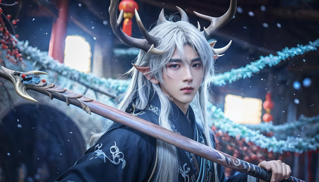 (absurdres, highres, ultra detailed, HDR), masterpiece, 1 boy, 22 years old, best quality, chinese style , long silver hair, deer horn above his head, handsome boy, anime eyes, detailed scebe, detailed character, realistic. 