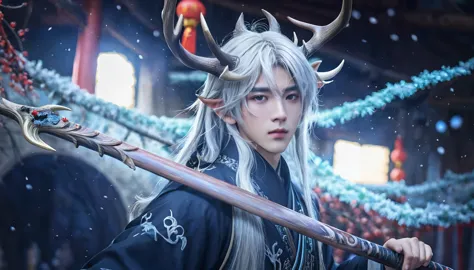 (absurdres, highres, ultra detailed, HDR), masterpiece, 1 boy, 22 years old, best quality, chinese style , long silver hair, dee...