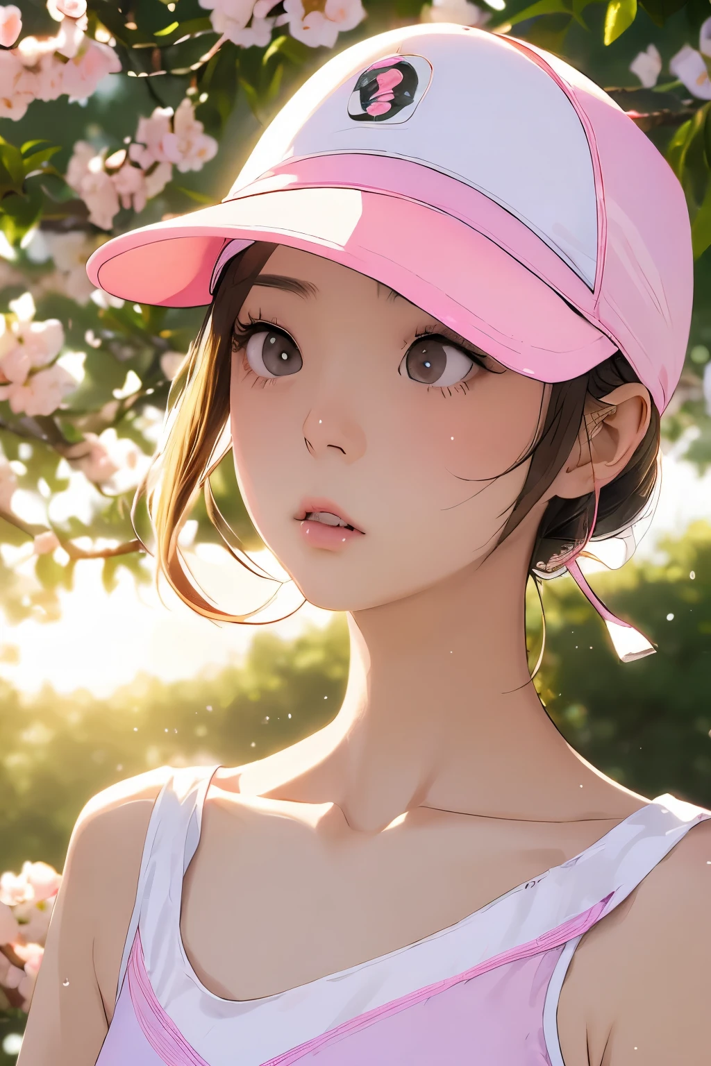 Beautiful and attractive Japanese women、Half-body photo、Delicate and sexy collarbone、Attractive oval face、double eyelid、Bright peach blossom eyes、Pink Lips、Small Nose、Bare shoulders、Concentrated face、Face close-up、Ultra-high resolution、Super detailed、Graceful posture、Golf Wear、Sun visor