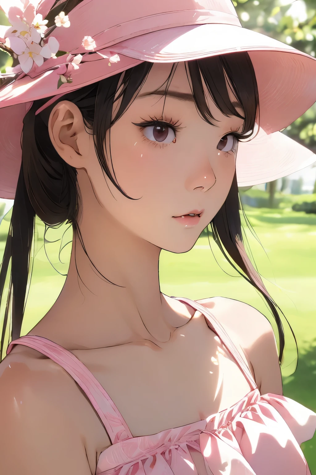 Beautiful and attractive Japanese women、Half-body photo、Delicate and sexy collarbone、Attractive oval face、double eyelid、Bright peach blossom eyes、Pink Lips、Small Nose、Bare shoulders、Concentrated face、Face close-up、Ultra-high resolution、Super detailed、Graceful posture、Golf Wear、Sun visor